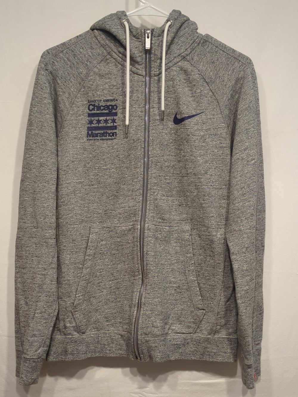 Nike Women’s Heather Gray Zip-Up Hoodie with Navy Chicago Marathon Logo